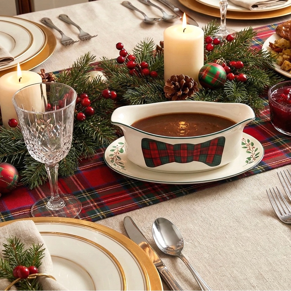 Vintage Preppy! Tartan Plaid Red Gravy Boat w/attached plate 1990s
